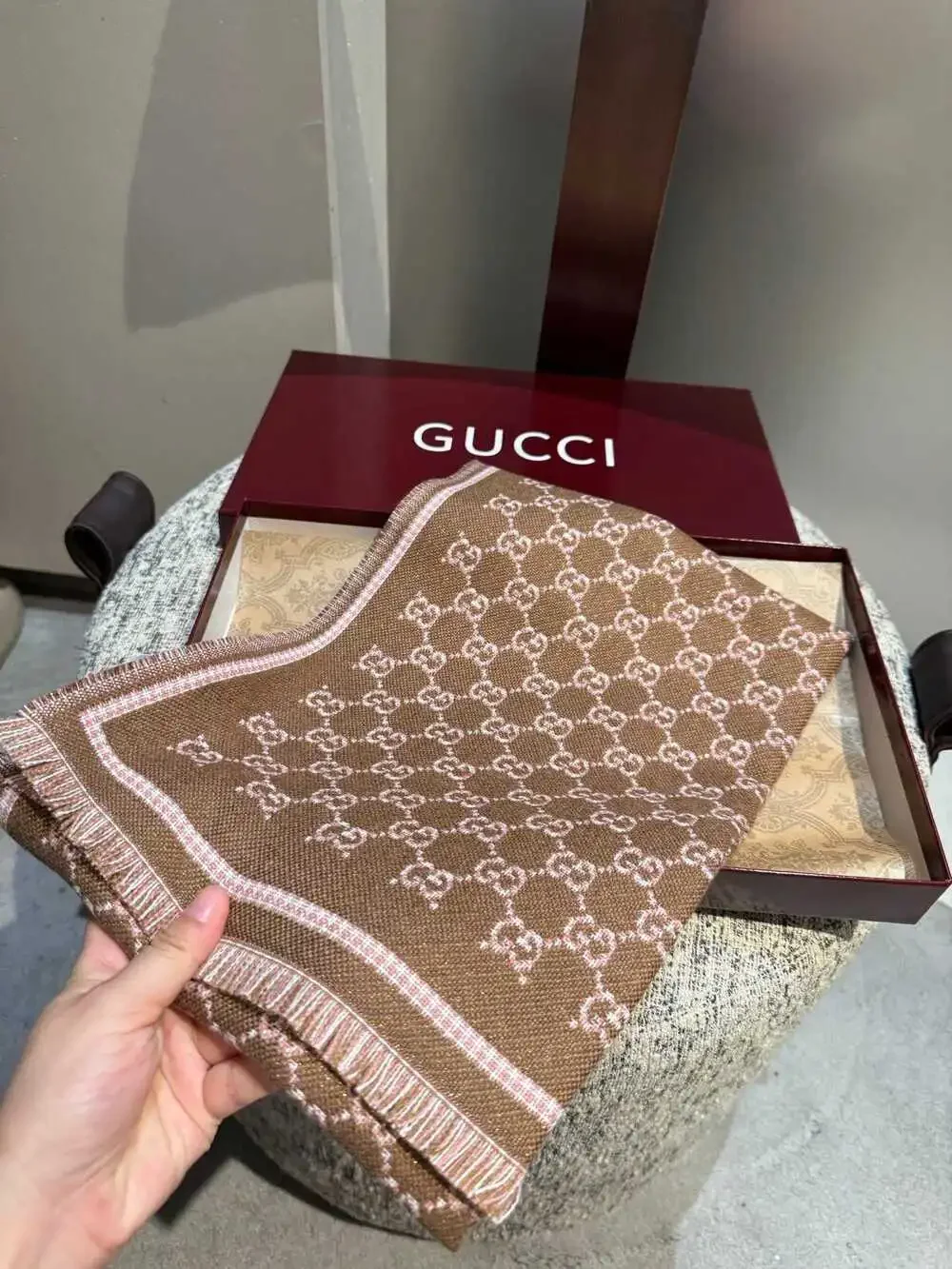 GUCCI Pink & Brown GG Monogram Scarf